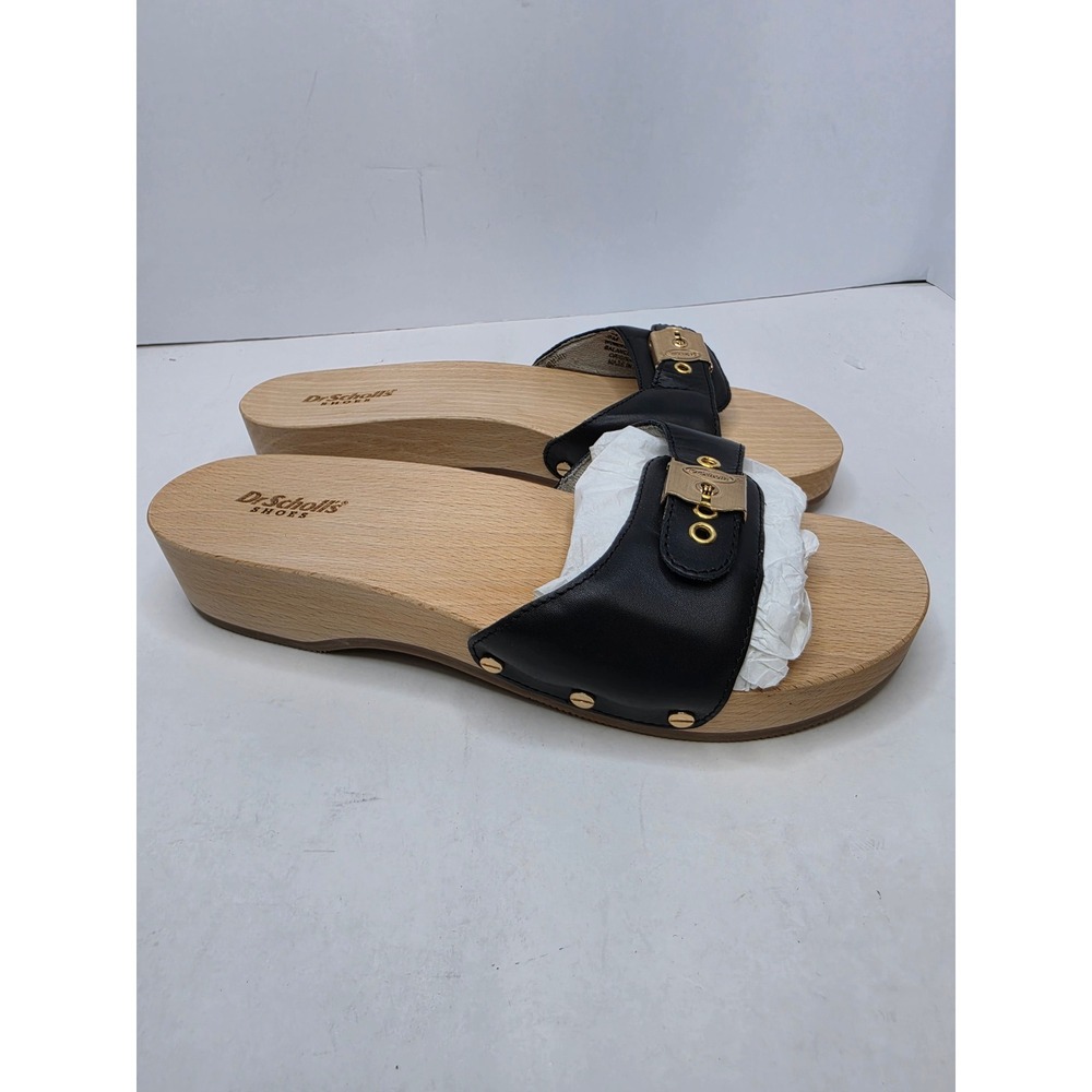 Dr. Scholl's Original Slide Sandals Black Gold Hardware Women Size 9 Retro